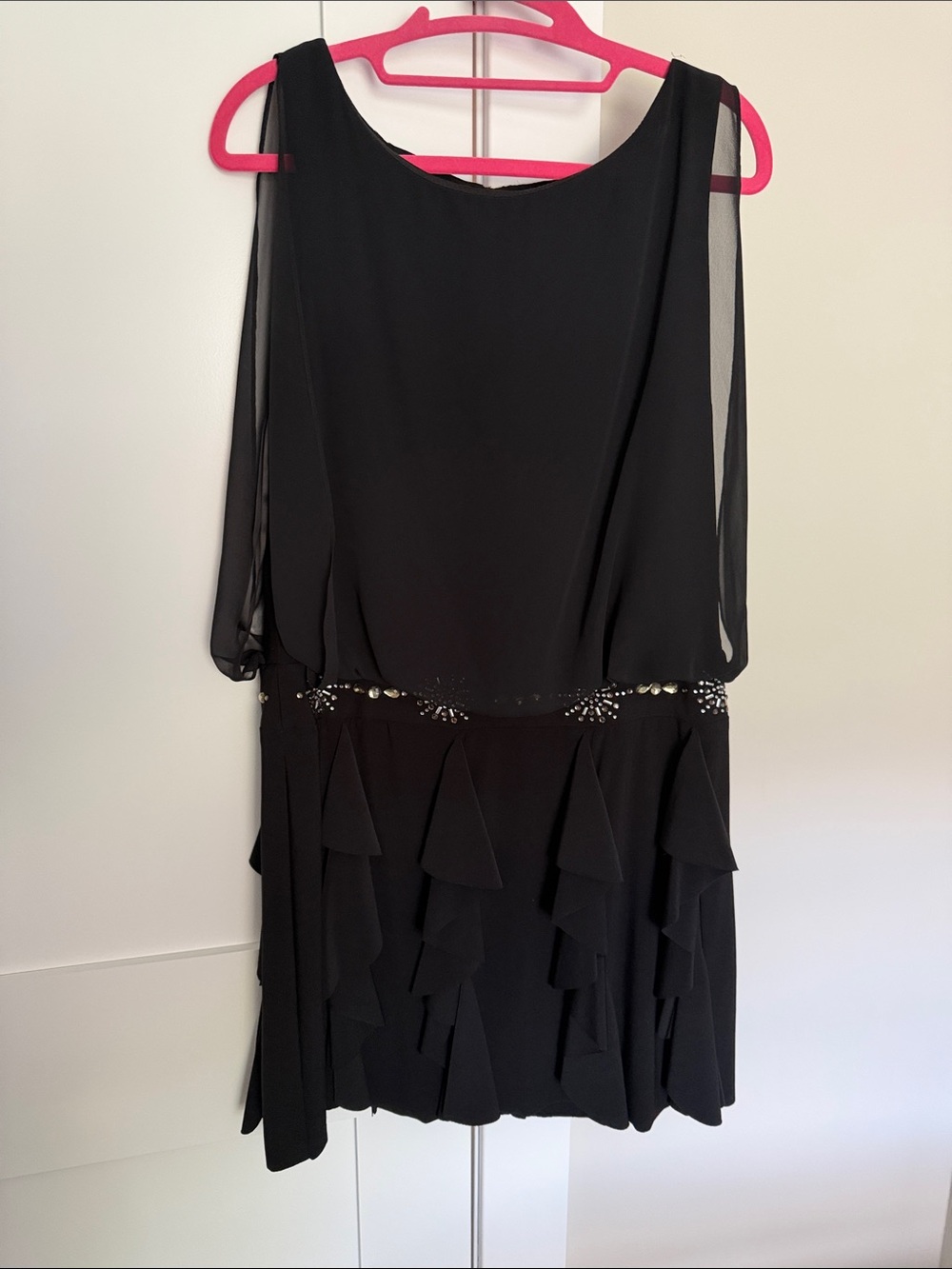 Betsy & Adam Black Chiffon Midi Dress with Beaded Waist